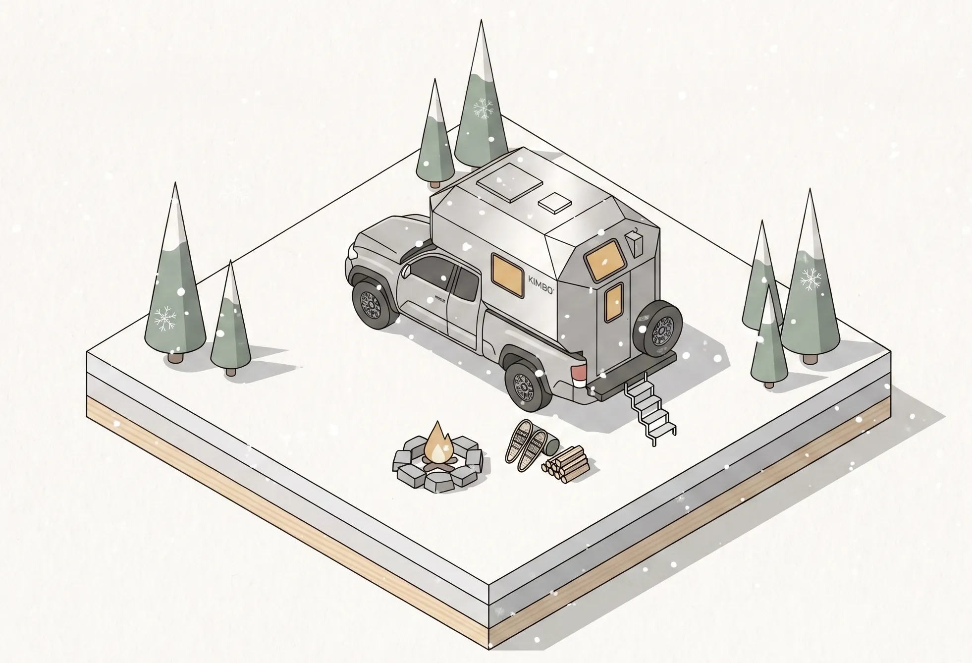 Illustrated Kimbo slide-in truck camper in a winter landscape