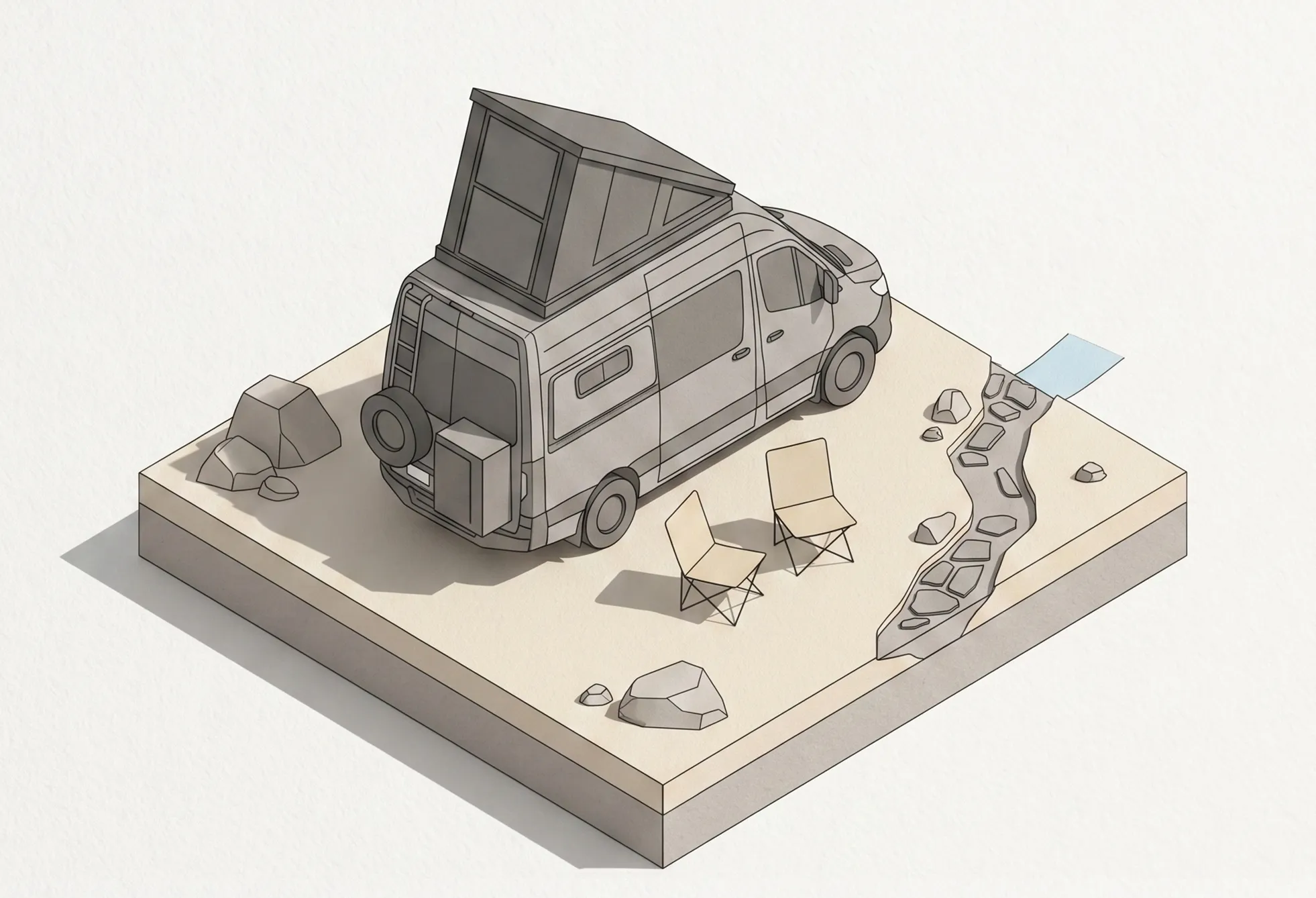 Illustrated modular camper van conversion in an outdoor setting